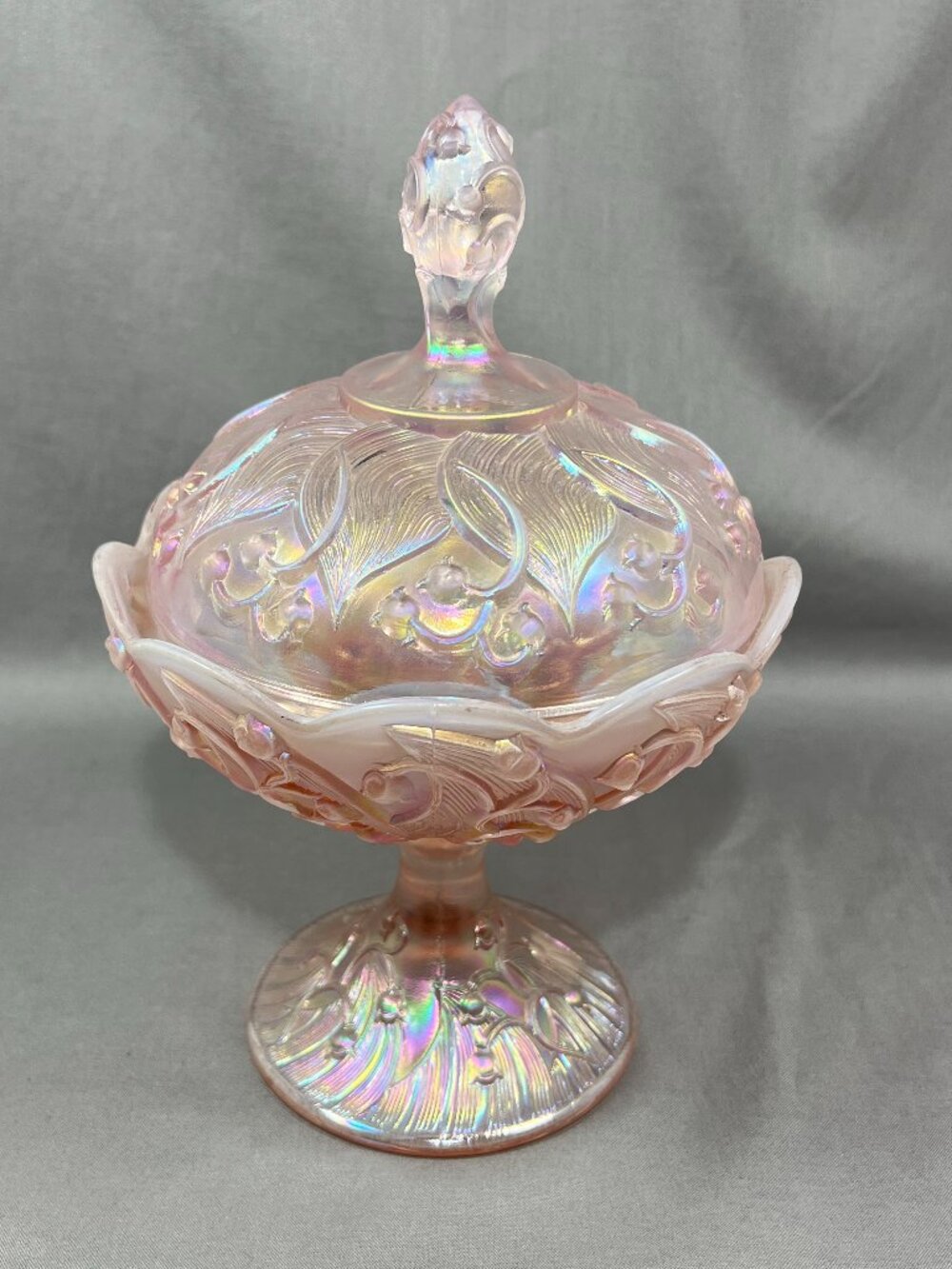 Vtg Fenton Lily Of The Valley Art Glass Pink Opalescent Carnival Iridescent Lid - Picture 10 of 16